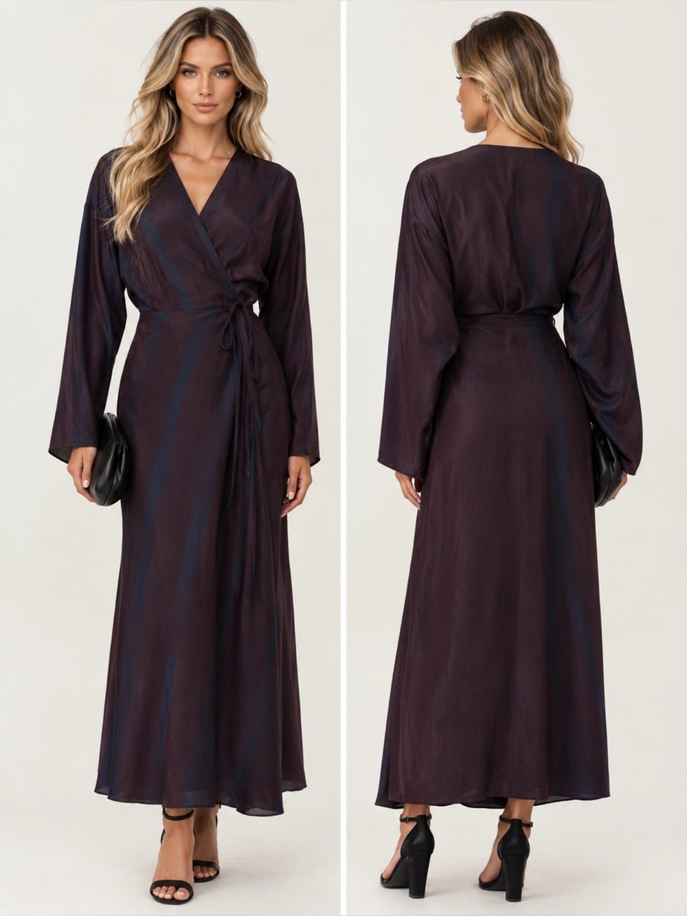 ALYSI Italy 100% Silk Wrap Maxi Dress Burgundy Plum Navy Stripe Size 2